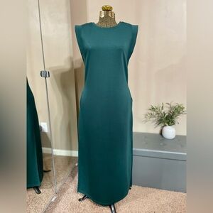 Grecerelle Emerald Green Casual Maxi Dress Leg Slit Scuba Stretch Pockets NWOT